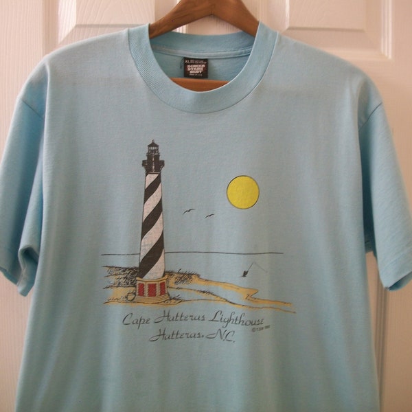 Vintage 90s Outer Banks T Shirt XL Cape Hatteras Lighthouse North Carolina Beach Summer Vacation Spring Break Screen Stars Best 1990 Blue