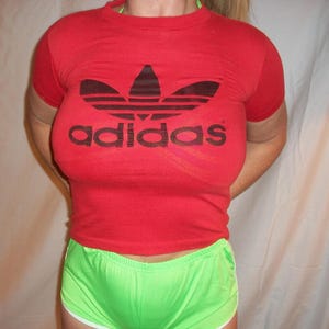 Vintage 80s Adidas T Shirt XXS Trefoil Logo Graphic Double Sided Red 50/50 Poly Cotton USA Made Short Sleeve Single Stitch 1980s vtg