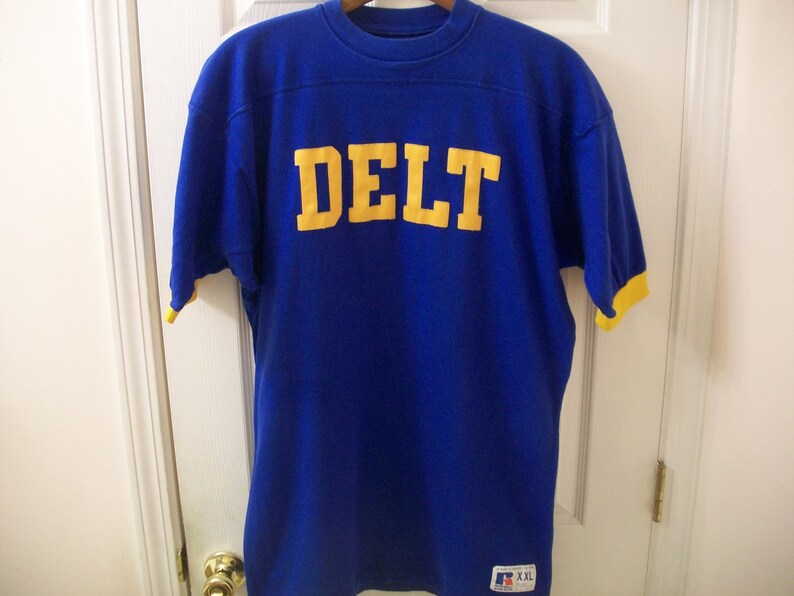 Vintage Fraternity T Shirt XL Delt Frat Delta House Animal House Ringer Football Jersey Style tee Delts Deltas Russell Athletic 80s 90s vtg