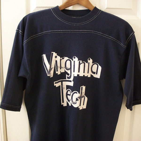 Vintage Virginia Tech T Shirt Medium Hokies Football Blacksburg 1970s 80s Stedman Sport-T Blue 50/50 Half Sleeve ACC College University vtg