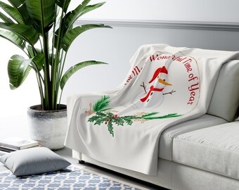 Manta festiva de Sherpa con muñeco de nieve, tema de la "época más maravillosa del año", ideal para decoración navideña, regalo de Navidad perfecto