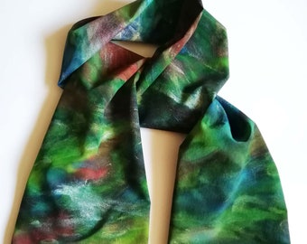 Forest art Hand painted silk scarf, Silk scarf for men, Unique Green blue red Luxury scarf for women, Personalized Birthday gift women, men