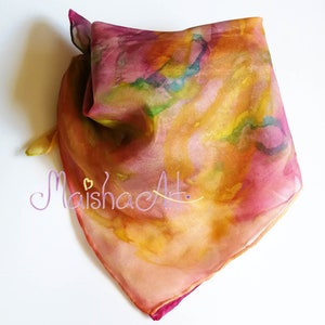 Hand painted square silk scarf Tree of love, Birthday gifts women, Personalized rainbow scarves, Unique pink tree, Mother's day gift ideas