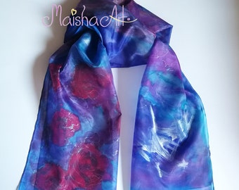 Roses Trees Hand painted long silk scarf, Unique silk scarf women, Mothers day gift idea, Personalized gifts, Blue Pink Flowers scarves