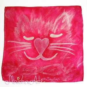 Fazzoletto da taschino in seta dipinto a mano con gatto argentato, regalo di compleanno personalizzato per donne, idee regalo per amanti dei gatti, decorazione unica per amanti dei gatti argentati rosa