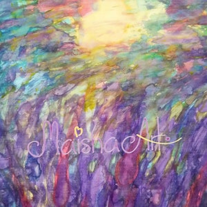 Écharpe en soie carrée peinte à la main, lavande pourpre et soleil, écharpes en soie personnalisées, cadeaux d'anniversaire uniques pour femme, idées cadeaux peintes à la main