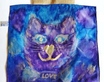 Love Cat Hand painted silk pocket square, Mothers day gift, Birthday gift women, Personalized mens pocket square, Unique home decor