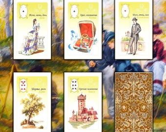 Könnte beinhalten: Eine Sammlung von sechs Karten im Vintage-Stil mit Illustrationen und Text in einer Fremdsprache. Die Karten zeigen Bilder einer Frau, eines Rings in einer Schachtel, eines Mannes mit Stock, eines Baumes, eines Schlosses und eines dekorativen Musters.