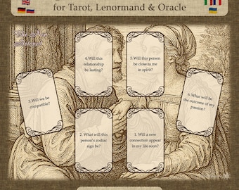 Può includere: Una stampa digitale color seppia intitolata "Love Spread 'The New Beloved'" per Tarocchi, Lenormand e Oracolo. L'immagine presenta un'illustrazione vintage con sei layout di carte, ognuno con una domanda. Include il testo "Printable JPG+PDF" e "Instant Download".