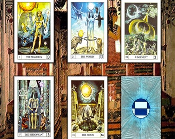 Op de afbeelding: Een set van tien tarotkaarten met kleurrijke illustraties. De kaarten zijn gerangschikt in een rasterpatroon met de volgende titels: De Tovenaar, De Wereld, Het Oordeel, De Hiërofant en De Maan.