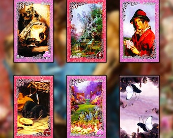 Könnte beinhalten: Sechs Tarotkarten mit rosa Rändern und verzierten Designs. Die Karten sind in zwei Reihen zu je drei angeordnet. Die obere Reihe zeigt die Karten "Mäuse", "Garten" und "Wahrsagerin". Die untere Reihe zeigt die Karten "Ratten", "Garten" und "Mond".