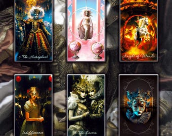 May include: Tarot card reading with six cards spread out. The cards are "5 The Hierophant", "Knight of Wands", "Indifference", "6 The Lovers", and two cards with masked figures.