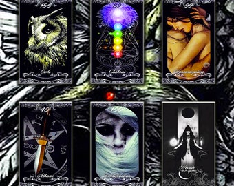 May include: A set of ten tarot cards with black backgrounds and silver trim. The cards feature various images, including an owl, a chakra symbol, a couple embracing, a dagger, a woman's face, and a woman in a hooded robe. The cards are numbered 40, 66, 89, 99, 100, and 156. The card titles are "Athame", "Harmonization", "Chakras", "Owls", "Somnification", and "Hecate Oracle of Night".