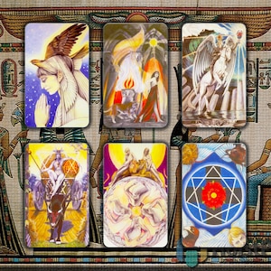 Könnte beinhalten: Sechs Tarotkarten mit farbenfrohen Illustrationen. Die Karten zeigen Bilder von Figuren mit Flügeln, einem Streitwagen und einem Stern mit einer roten Rose. Der Hintergrund hat ein ägyptisches Thema.