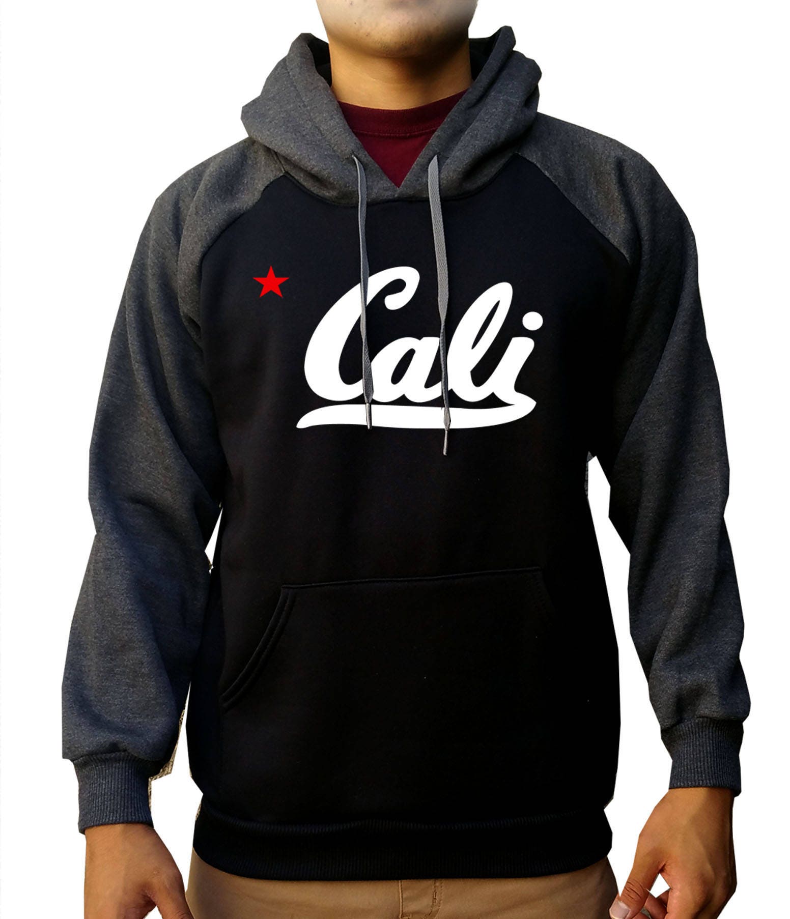 Cali Mens Two-tone Hoodie Charcoal-black/charcoal-burgundy/black