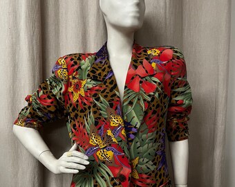 Ted Lapidus 80’s Boutique Haute Couture Paris Silk Floral Blazer Jacket Made in France Size Medium