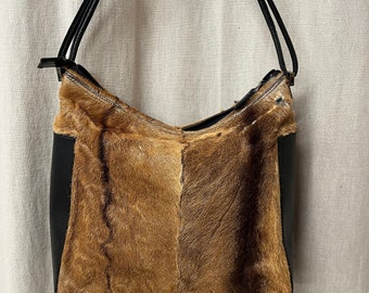 Vintage Gucci Fur Exterior Brown Cowhide Black Leather Gucci Shoulder Bag Made in Italy