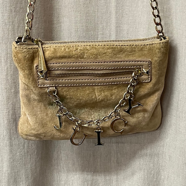 Juicy Couture vintage Mini sac à bandoulière en velours beige chaîne dorée Juicy Charms