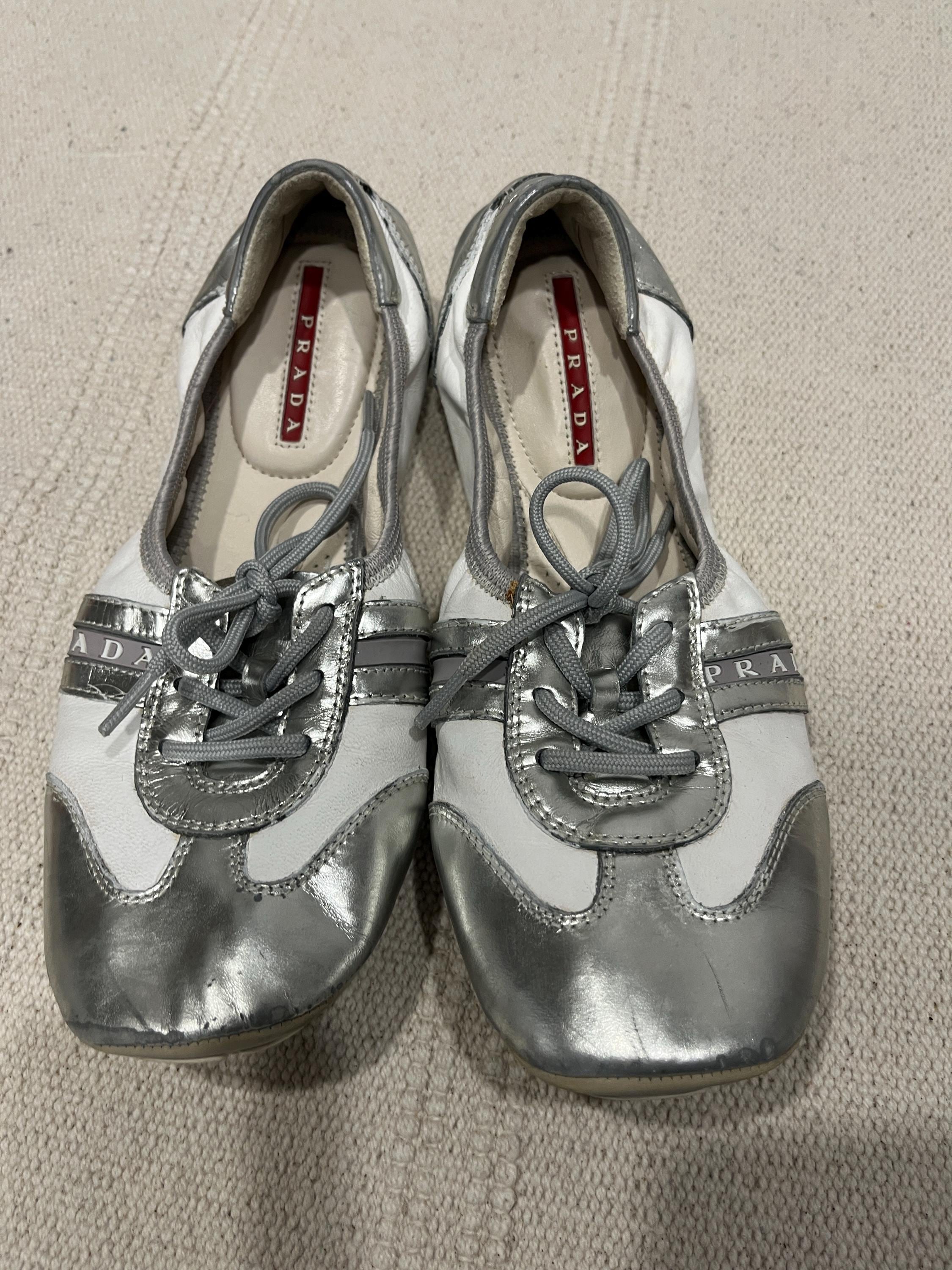 Vintage Prada Sport Silver White Leather Ballerina Sneakers Y2K