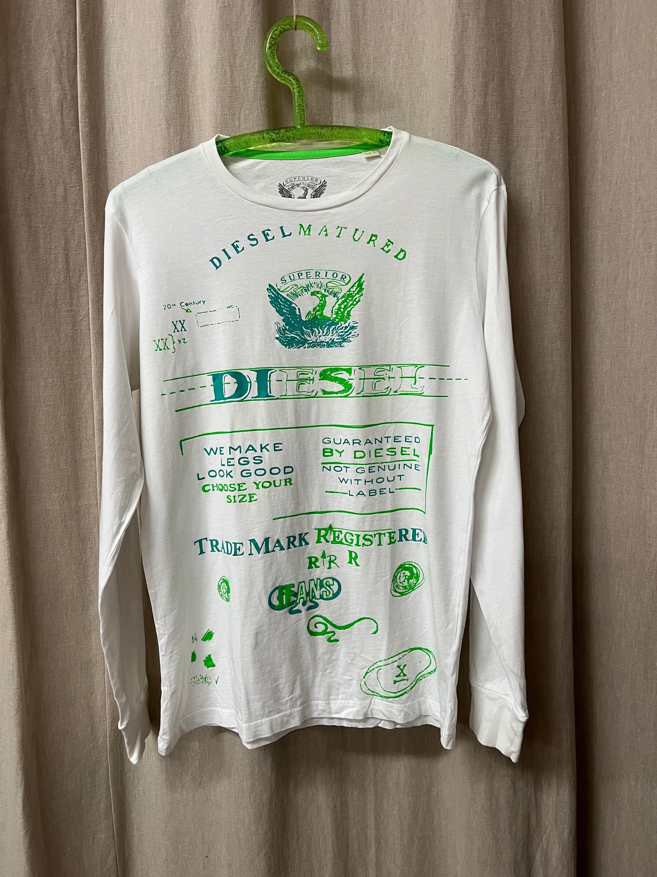 Diesel White Neon Green Long Sleeved Cotton T-shirt Men's