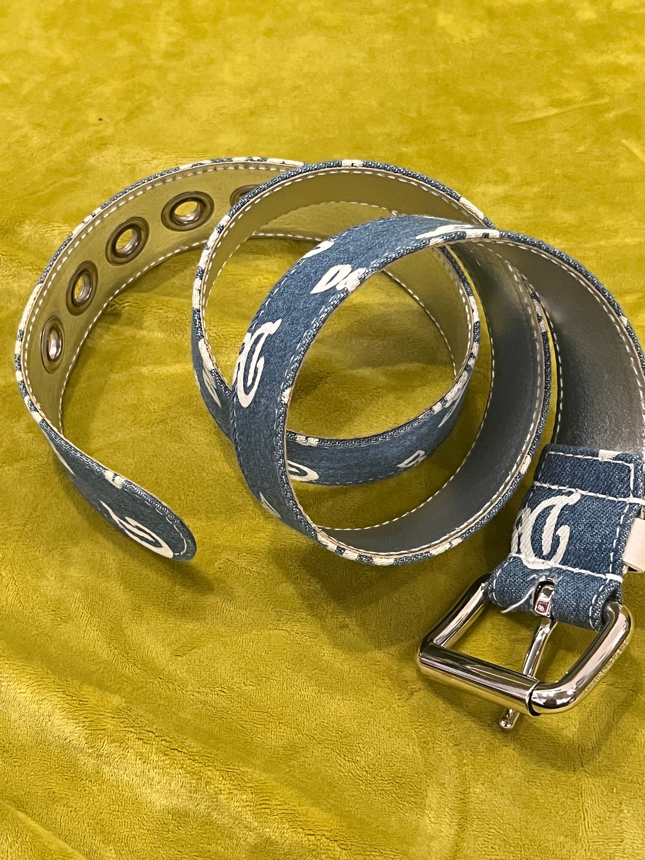 DOLCE & GABBANA Vintage DG Logo Denim Belt Silver Tone 