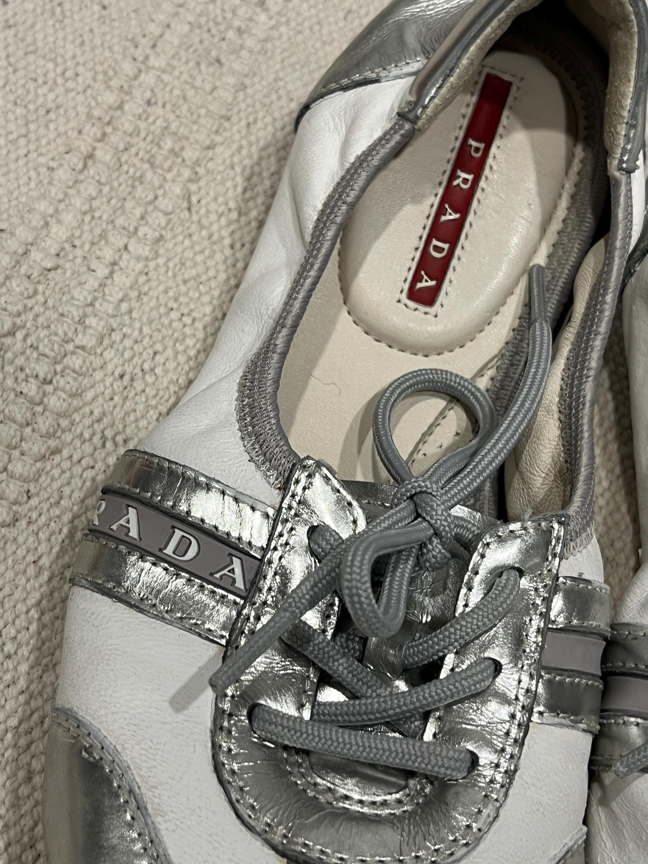 Vintage Prada Sport Silver White Leather Ballerina Sneakers Y2K 