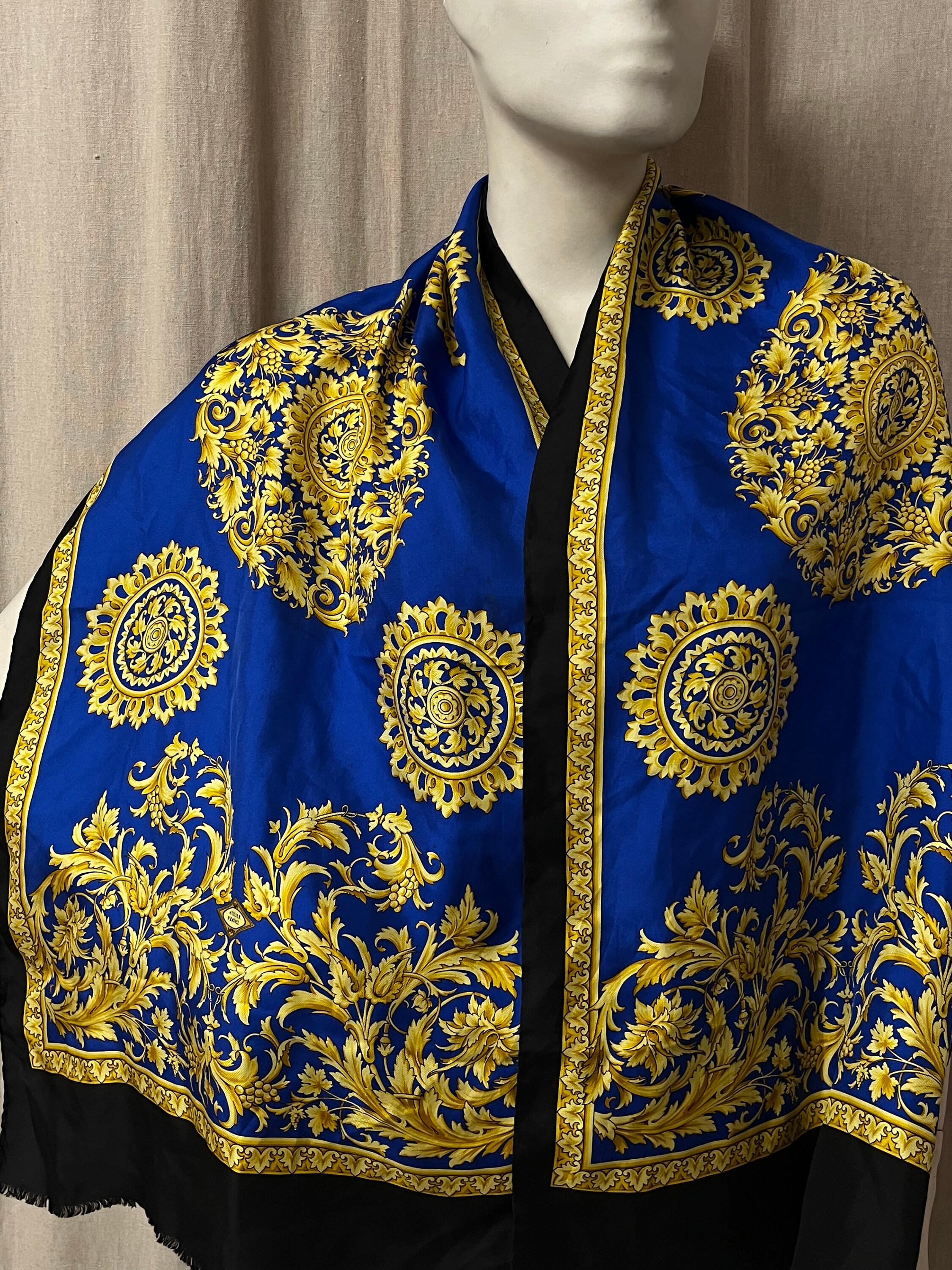 VERSACE ATELIER Vintage Blue Gold Silk Scarf - Etsy