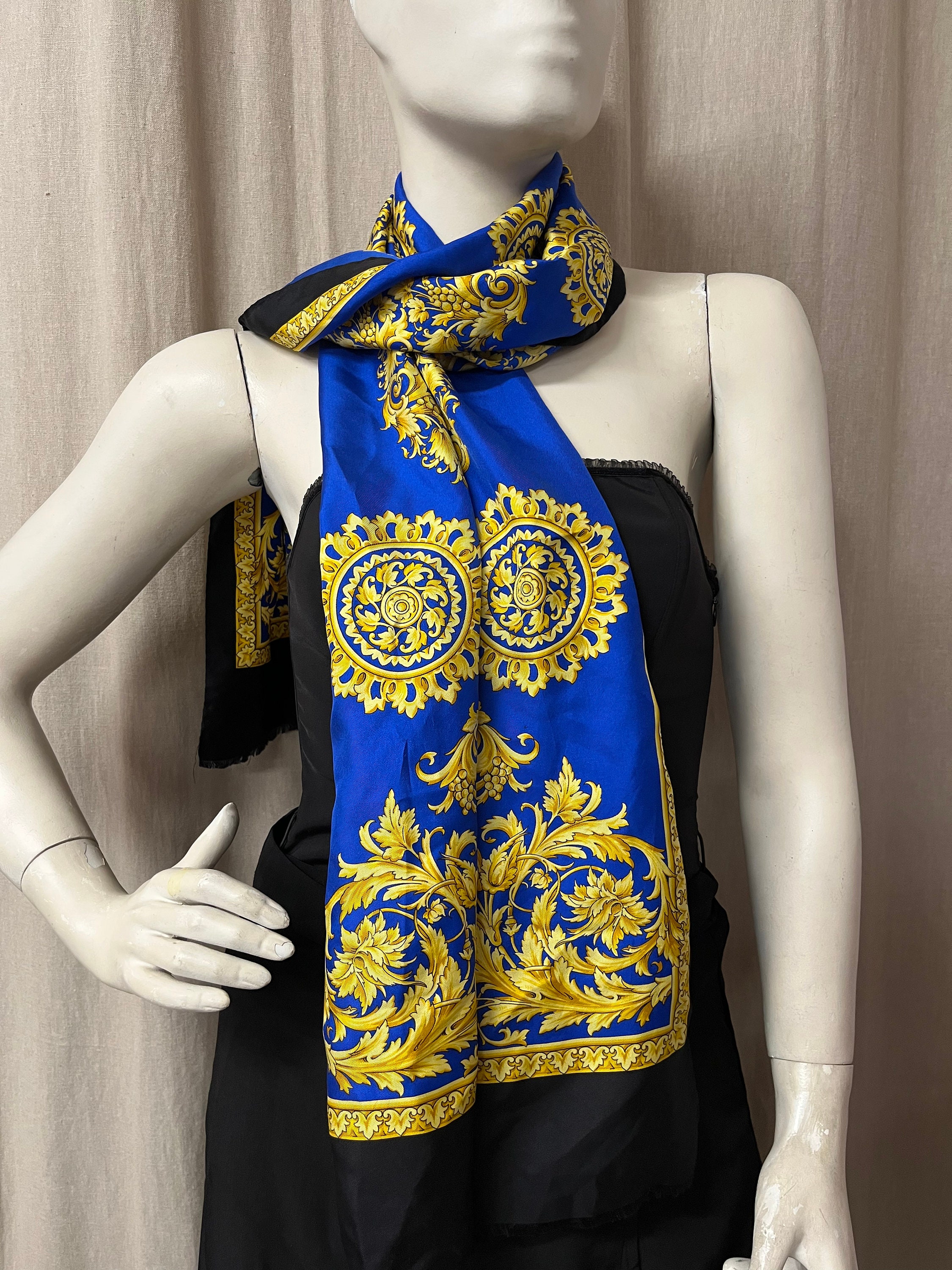 VERSACE ATELIER Vintage Blue Gold Silk Scarf - Etsy