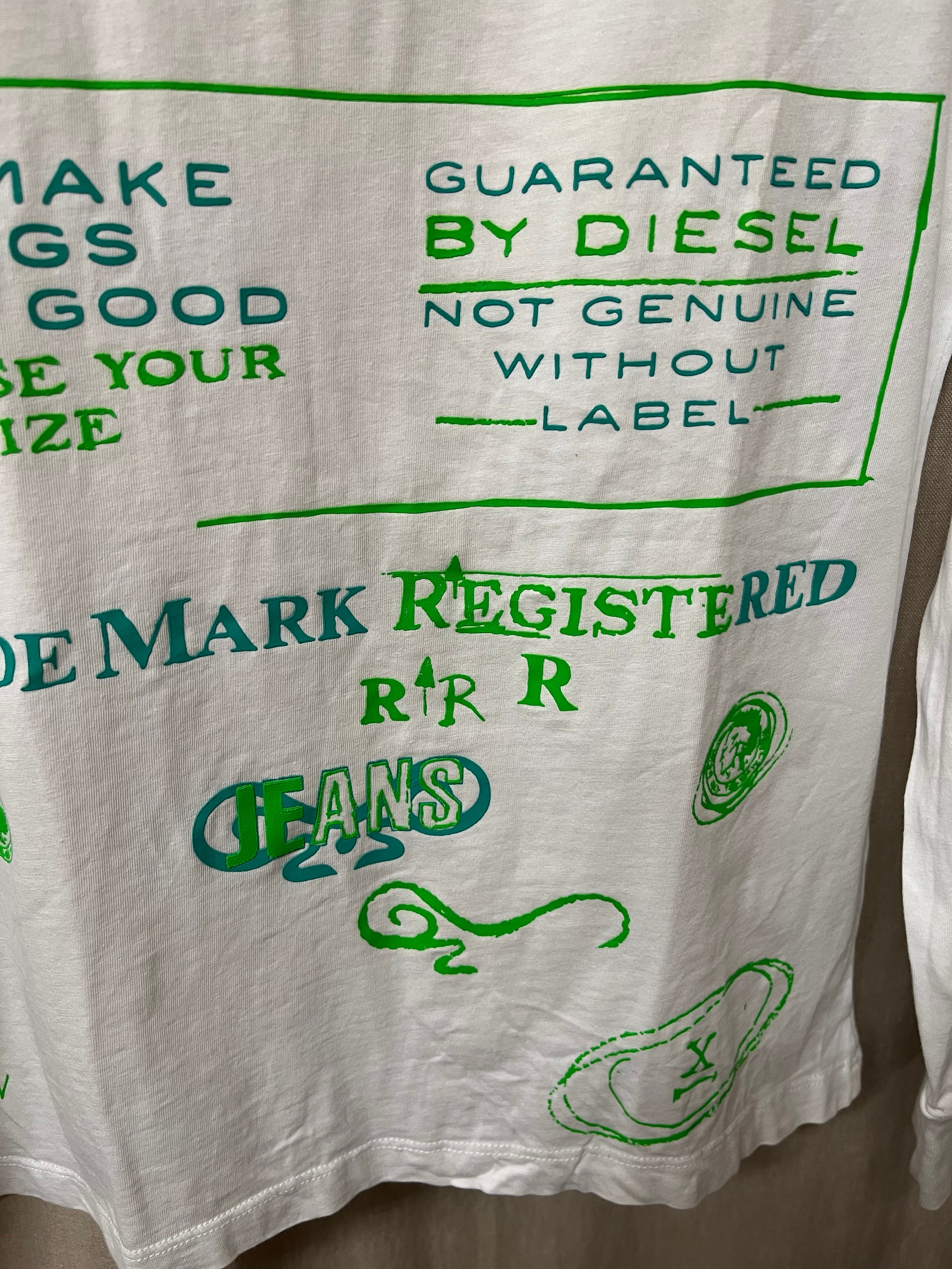 ディーゼル ホワイト ネオングリーン 長袖 コットン Tシャツ メンズ 