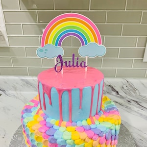 Puede incluir: Un pastel de dos pisos decorado con glaseado de colores pastel y una decoración de arcoíris y nubes. El piso superior es rosa con glaseado azul goteando sobre él. El piso inferior está decorado con glaseado de colores pastel en un patrón de espiral. El pastel está coronado con una decoración de arcoíris y nubes con el nombre "Julia" escrito en él.
