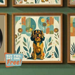 May include: Square framed art print featuring a stylized Cavalier King Charles Spaniel dog. The dog is depicted in shades of yellow, brown, and black, set against a backdrop of abstract shapes and botanical elements. The print is part of a collection.