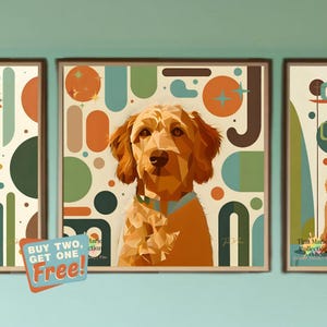 May include: Three framed art prints featuring a geometric dog portrait in shades of brown, orange, and green. The artwork has a mid-century modern style. A promotional sticker reads "BUY TWO, GET ONE Free!"