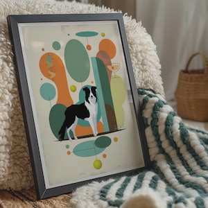 May include: A framed art print featuring a black and white Border Collie standing in the center. The background consists of abstract geometric shapes in shades of orange, teal, and lime green, with a small cocktail glass illustration included.