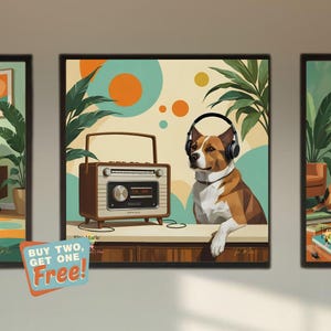 May include: Artwork featuring a brown and white dog wearing headphones, listening to music next to a vintage radio. The background includes green and orange shapes and tropical plants. The artwork has a retro aesthetic.
