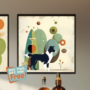 May include: Abstract art print featuring a black and white dog silhouette against a backdrop of green and teal shapes. The artwork includes a cocktail glass and various geometric forms. The text "Tina Marie Collection" is visible. A promotional sticker reads "BUY TWO, GET ONE Free!"