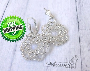 Snow earrings Snowflake Frozen earrings Moonstone Seed Beads earrings Winter Festive earrings Snowflake jewelry Christmas Frosted crystal