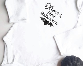 Personalised First Halloween Baby Vest. Black Glitter or Flock Print Ghost and Bat