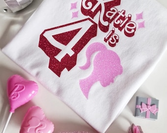 Personalised Barbie birthday T-shirt with optional matching cake topper.