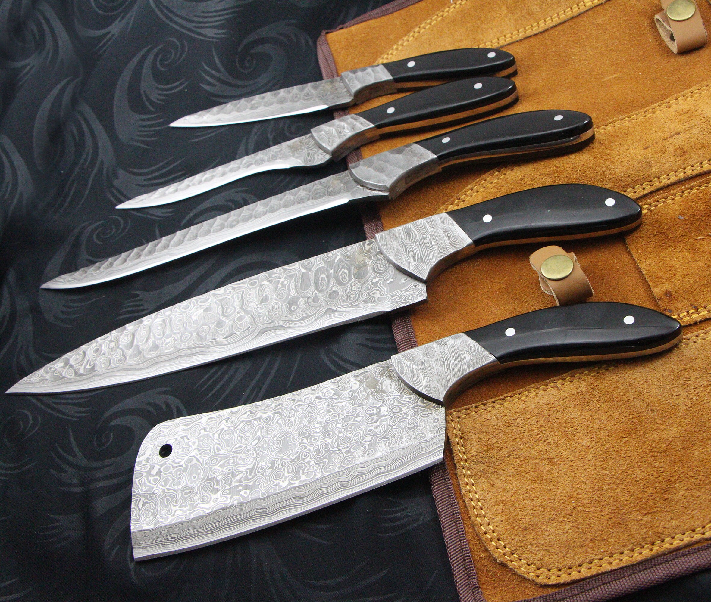 Custom handmade Damascus chef set of 5 pieces with leather sheath