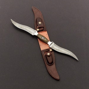 Double Blade Hunting Knife - Custom Handmade Damascus Steel With Leather Sheath