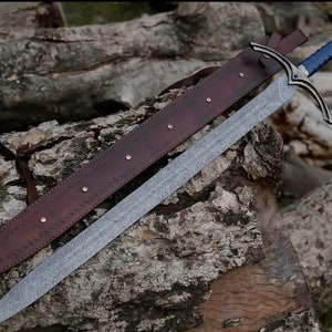 custom handmade damascus sword with leather sheath