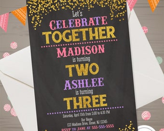 boys joint birthday invitation with photo siblings joint party etsy