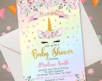 Unicorn Face Baby Shower Invitation, Watercolor Baby Shower, Pink & Gold Floral Unicorn Rainbow Invitation, Girl Baby Shower, Unicorn Party