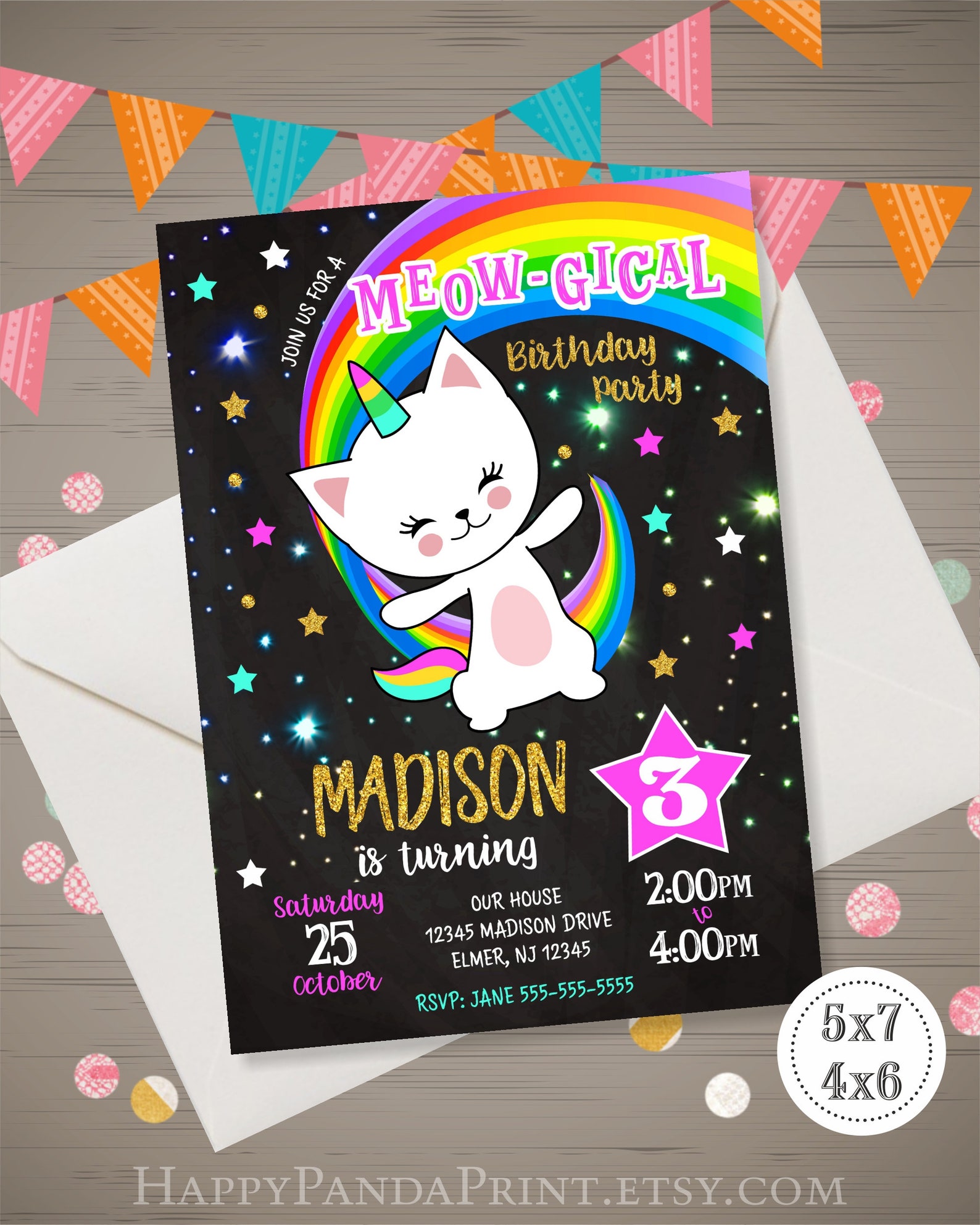 Caticorn Invitation Caticorn Birthday Invitation Cat Rainbow | Etsy