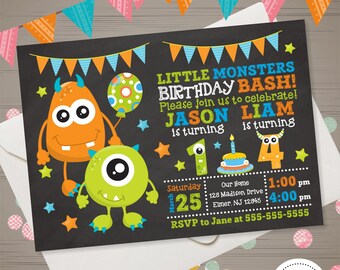 MONSTER Twins Birthday Invitation Joint Monster Invitation Monster Birthday Invite Little Monster Party Chalkboard Siblings Brothers Party
