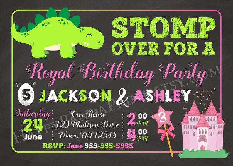 Dinosaur & Princess Invitation Joint Birthday Party Royal Etsy