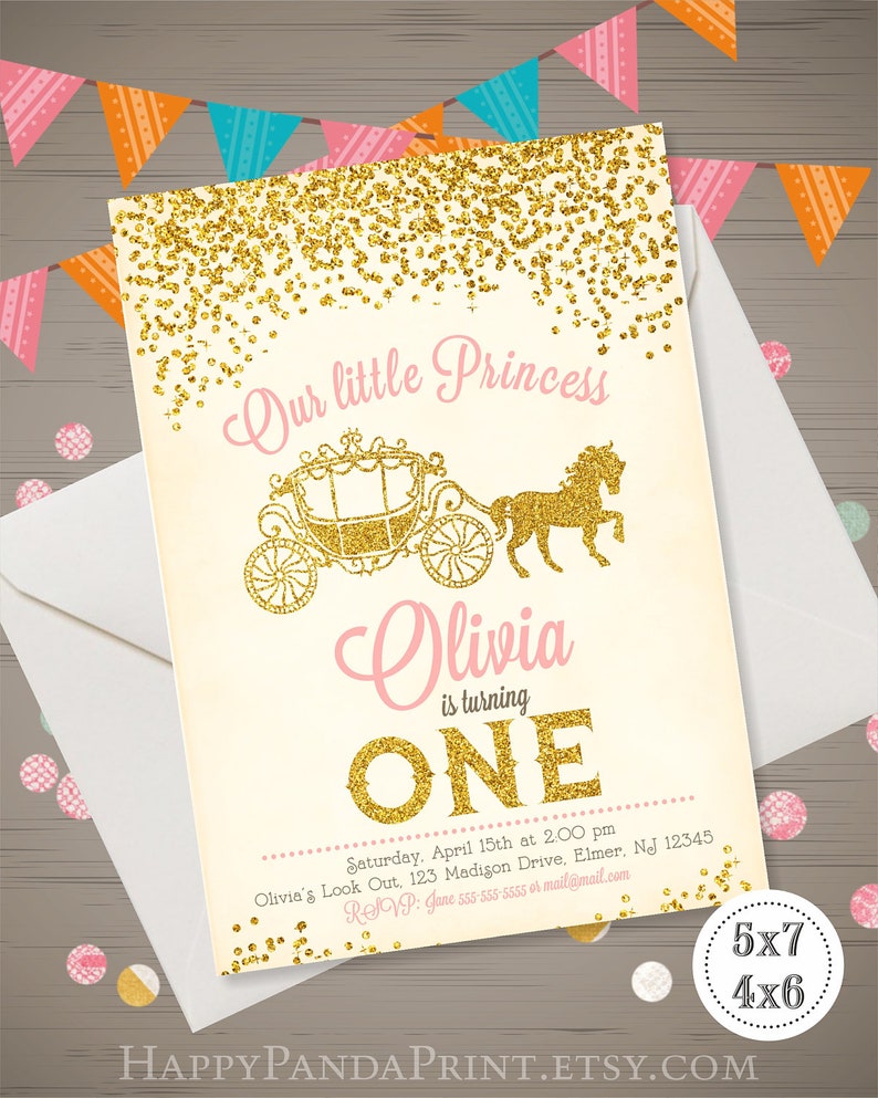 First Birthday Princess Invitation Pink Gold Glitter Etsy