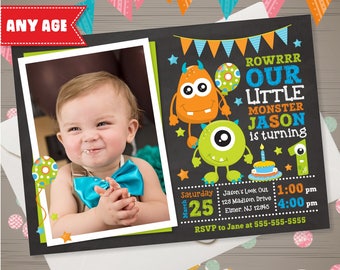 MONSTER Invitation with PHOTO Monster Birthday Invitation Monster 1st 2nd 3rd Birthday Little Monster Birthday Party Invite Chalkboard