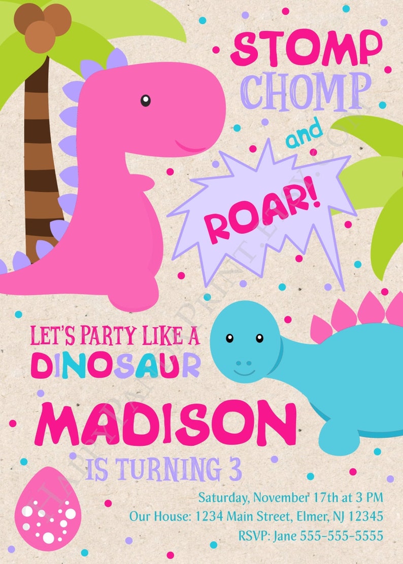 Dinosaur Birthday Invitation Girl Dinosaur Invitation Girl Etsy