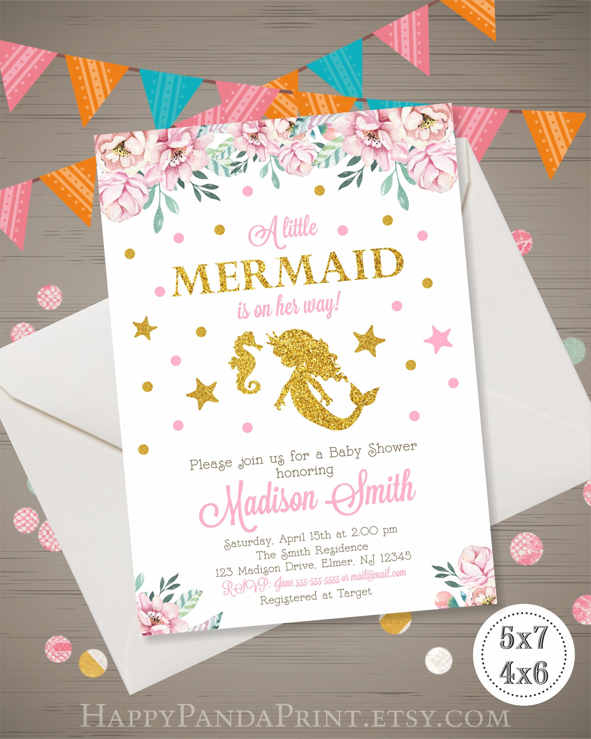 Mermaid Baby Shower Invitation Mermaid Invitation Floral Etsy